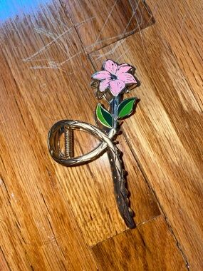 Gold-Tone Pink Lily Enamel Hair Clip for Kids